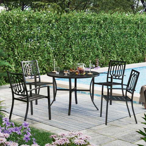 5-Piece Geometrically Stamped Round Table & Stackable Dining Chairs Outdoor Dining Set