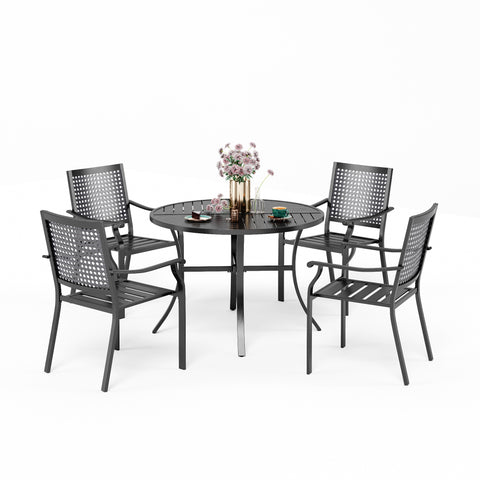 5-Piece Outdoor Dining Set Geometrically Stamped Round Table & Bull's Eye Pattern Dining Chairs