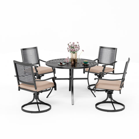 5-Piece Outdoor Dining Set Geometrically Stamped Round Table & Bull's Eye Pattern Dining Chairs