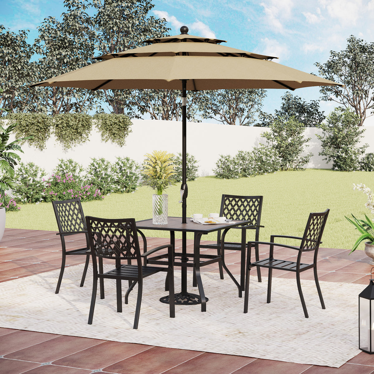 6-Piece Outdoor Dining Set with Umbrella Wood-look Table & 4 Patterned Stackable Chairs