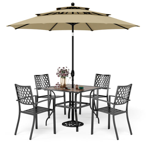 6-Piece Outdoor Dining Set with Umbrella Wood-look Table & 4 Patterned Stackable Chairs