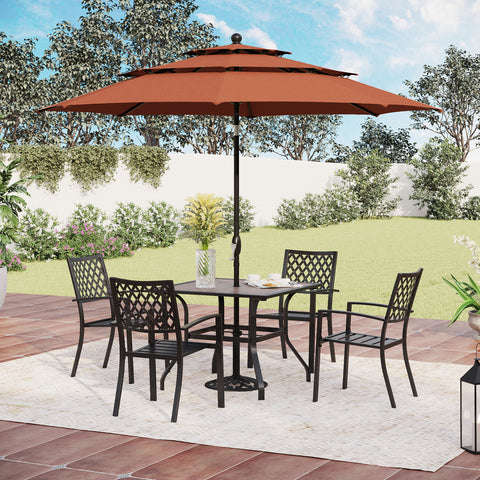 6-Piece Outdoor Dining Set with Umbrella Wood-look Table & 4 Patterned Stackable Chairs