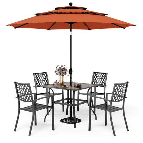 6-Piece Outdoor Dining Set with Umbrella Wood-look Table & 4 Patterned Stackable Chairs