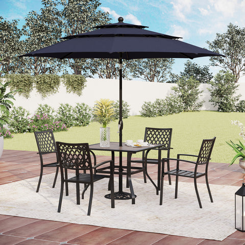 6-Piece Outdoor Dining Set with Umbrella Wood-look Table & 4 Patterned Stackable Chairs