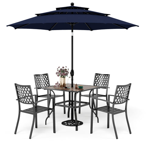 6-Piece Outdoor Dining Set with Umbrella Wood-look Table & 4 Patterned Stackable Chairs