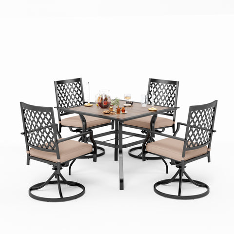 Wood-look Table and 4 Pattern Swivel Chairs with Cushion 5-Piece Metal Outdoor Patio Dining Set