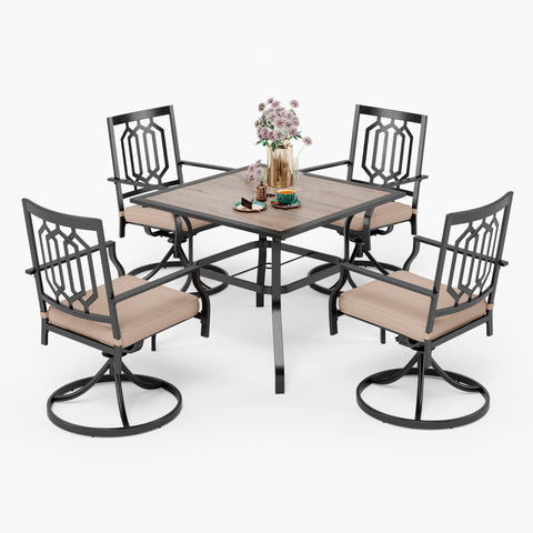 Wood-look Table and 4 Pattern Swivel Chairs with Cushion 5-Piece Metal Outdoor Patio Dining Set