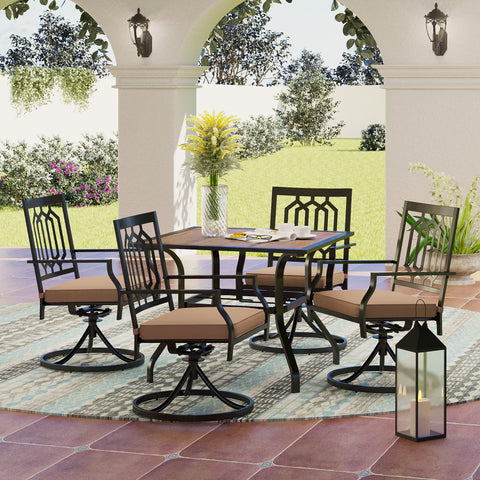 Wood-look Table and 4 Pattern Swivel Chairs with Cushion 5-Piece Metal Outdoor Patio Dining Set