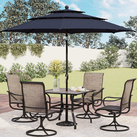 6-Piece Patio Dining Set with Umbrella Wood-look Table & Textilene Swivel Chairs