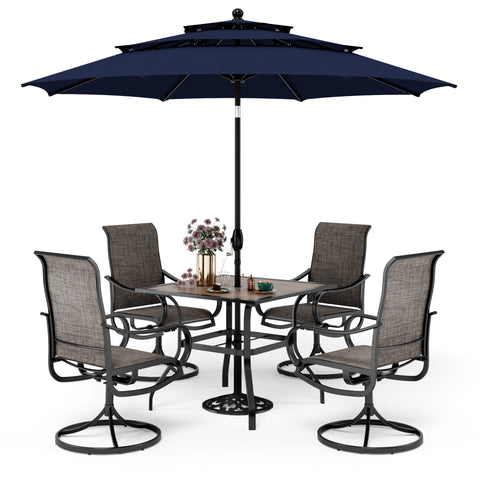 6-Piece Patio Dining Set with Umbrella Wood-look Table & Textilene Swivel Chairs