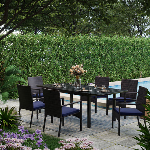 Rattan Wicker Cushioned Dining Chairs Set with Extendable Table