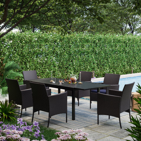 Rattan Wicker Cushioned Dining Chairs Set with Extendable Table