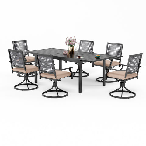 Outdoor Dining Set Extendable Steel Table & Bull's Eye Pattern Dining Chairs