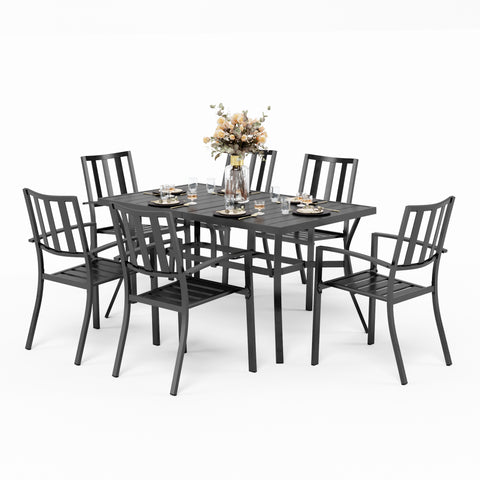 7-Piece Steel Panel Table and 6 Stackable Chairs Outdoor Patio Dining Sets