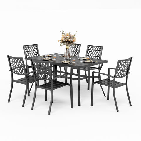7-Piece Steel Panel Table and 6 Stackable Chairs Outdoor Patio Dining Sets