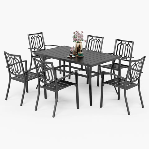 7-Piece Steel Panel Table and 6 Stackable Chairs Outdoor Patio Dining Sets