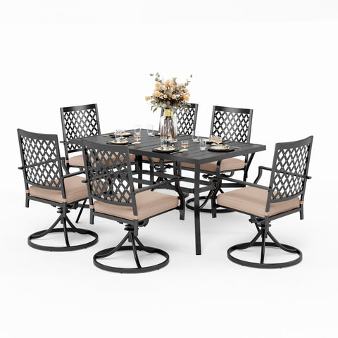 7-Piece Steel Panel Table and 6 Swivel Chairs Outdoor Patio Dining Sets