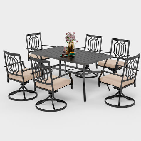 7-Piece Steel Panel Table and 6 Swivel Chairs Outdoor Patio Dining Sets