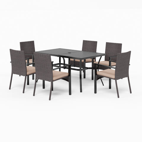 7-Piece Steel Panel Table & Rattan Cushion Dining Chairs Outdoor Patio Dining Set