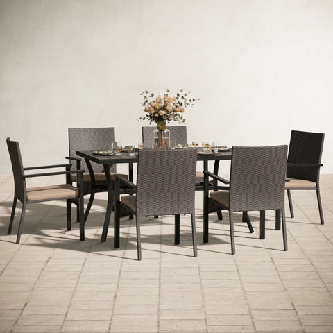 7-Piece Steel Panel Table & Rattan Cushion Dining Chairs Outdoor Patio Dining Set
