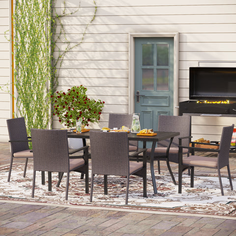 7-Piece Steel Panel Table & Rattan Cushion Dining Chairs Outdoor Patio Dining Set