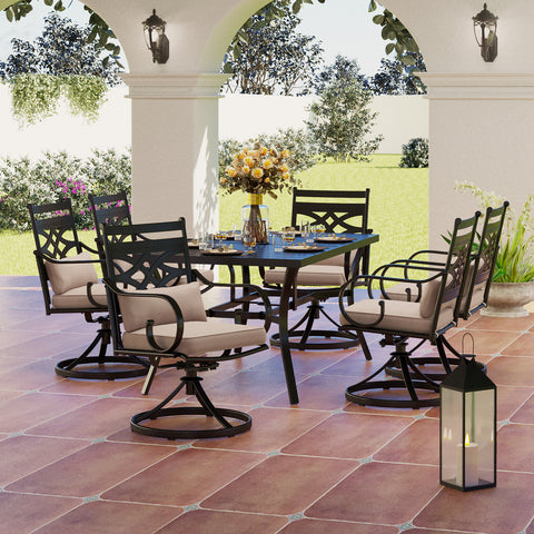 7-Piece Outdoor Dining Set Steel Panel Table & Elegant Cast Iron Pattern Dining Chairs