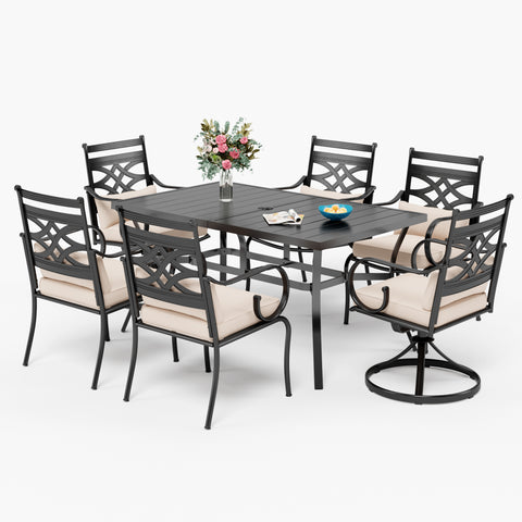 7-Piece Outdoor Dining Set Steel Panel Table & Elegant Cast Iron Pattern Dining Chairs