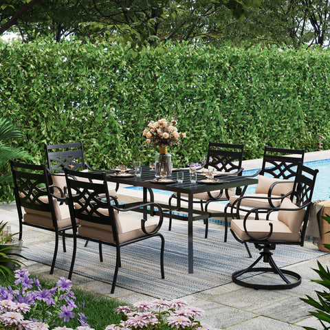 7-Piece Outdoor Dining Set Steel Panel Table & Elegant Cast Iron Pattern Dining Chairs