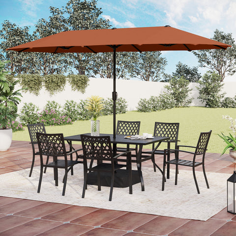 8-Piece Outdoor Dining Set with 13ft Umbrella Steel Rectangle Table & 6 Stackable Chairs