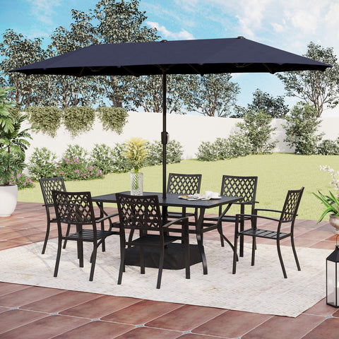 8-Piece Outdoor Dining Set with 13ft Umbrella Steel Rectangle Table & 6 Stackable Chairs
