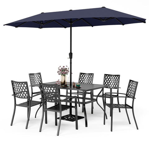 8-Piece Outdoor Dining Set with 13ft Umbrella Steel Rectangle Table & 6 Stackable Chairs