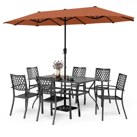 8-Piece Outdoor Dining Set with 13ft Umbrella Steel Rectangle Table & 6 Stackable Chairs