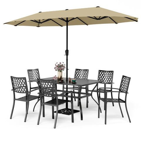 8-Piece Outdoor Dining Set with 13ft Umbrella Steel Rectangle Table & 6 Stackable Chairs