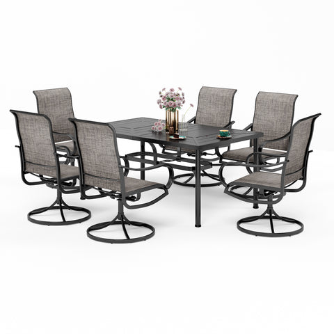 7-Piece Patio Dining Set Geometrically Stamped Rectangle Table & Textilene Swivel Chairs