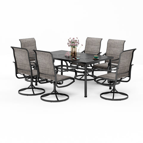 7-Piece Patio Dining Set Geometrically Stamped Rectangle Table & Textilene Swivel Chairs
