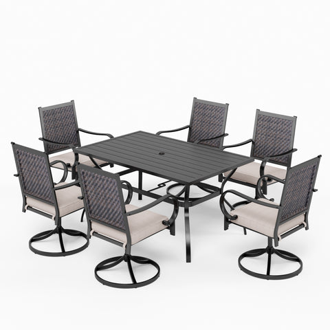 7-Piece Outdoor Dining Set Steel Table & Rattan Swivel Chairs