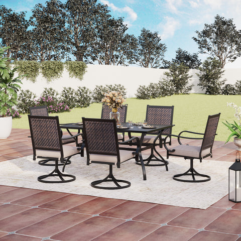 7-Piece Outdoor Dining Set Steel Table & Rattan Swivel Chairs