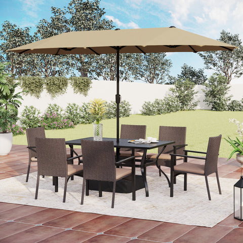 8-Piece Steel Rectangle Table & Brown Rattan Cushion Chairs & 13ft Umbrella Patio Dining Set