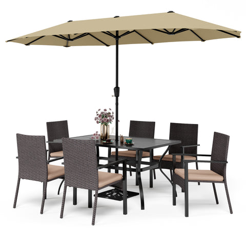 8-Piece Steel Rectangle Table & Brown Rattan Cushion Chairs & 13ft Umbrella Patio Dining Set