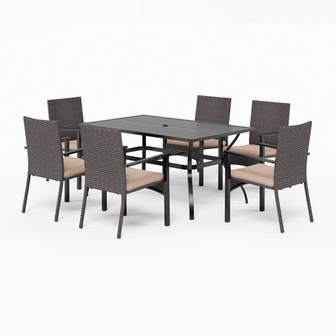 7-Piece Steel Table & Rattan Cushion Dining Chairs Outdoor Patio Dining Set