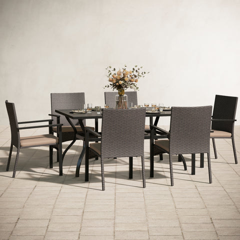 7-Piece Steel Table & Rattan Cushion Dining Chairs Outdoor Patio Dining Set