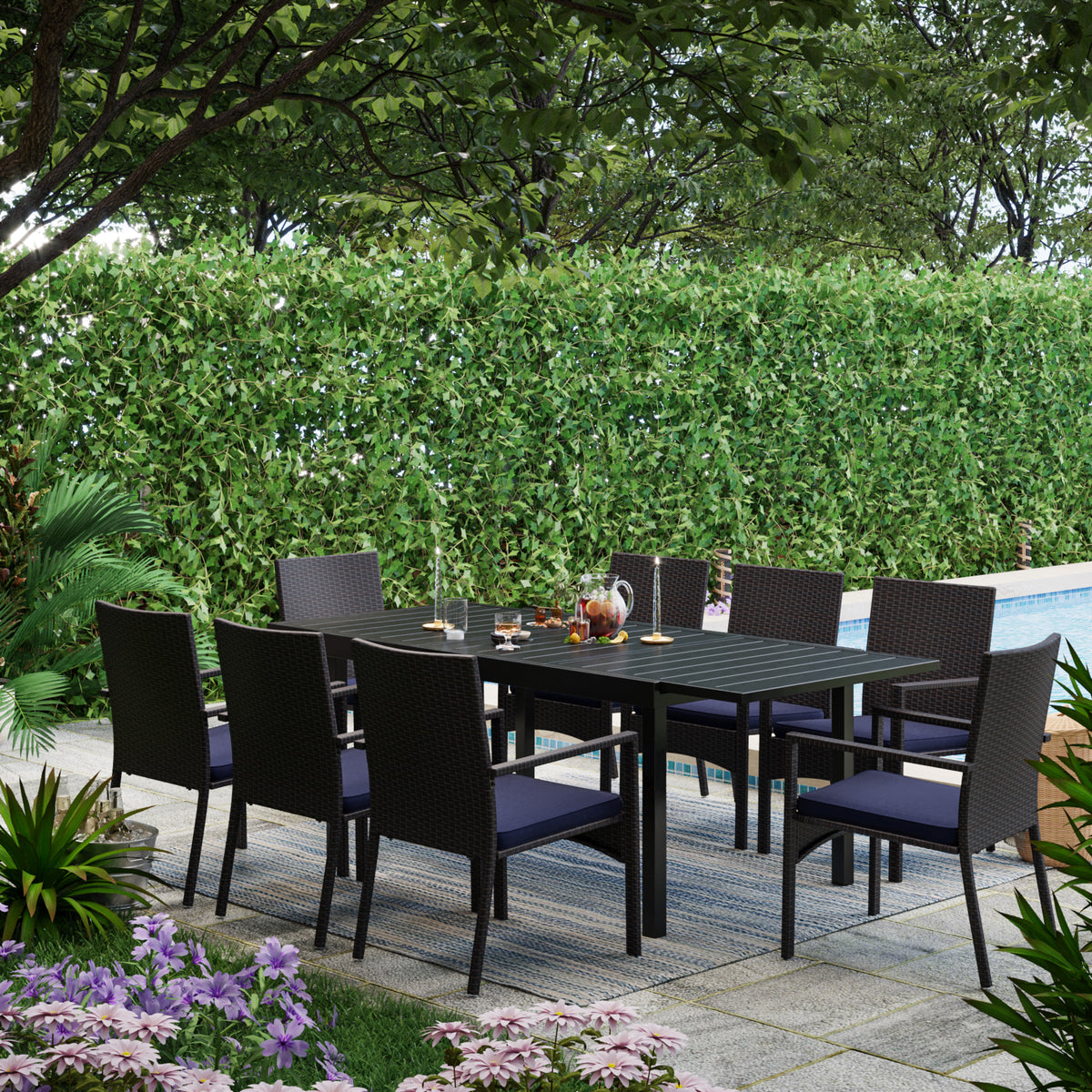 Rattan Wicker Cushioned Dining Chairs Set with Extendable Table