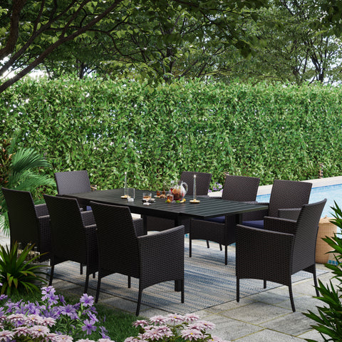 Rattan Wicker Cushioned Dining Chairs Set with Extendable Table