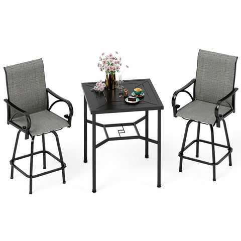 Patio High Bar Stool Set Geometrically Stamped Table & Grey Textilene Sling Fabric Swivel Bar Stools