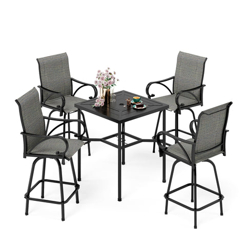 Patio High Bar Stool Set Geometrically Stamped Table & Grey Textilene Sling Fabric Swivel Bar Stools