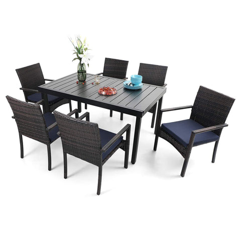 Rattan Wicker Cushioned Dining Chairs Set with Extendable Table