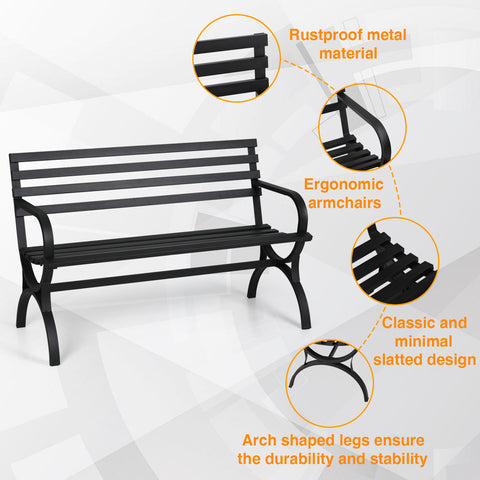 Black Outdoor Bench Set, Single Seat Chair & Metal Side Table