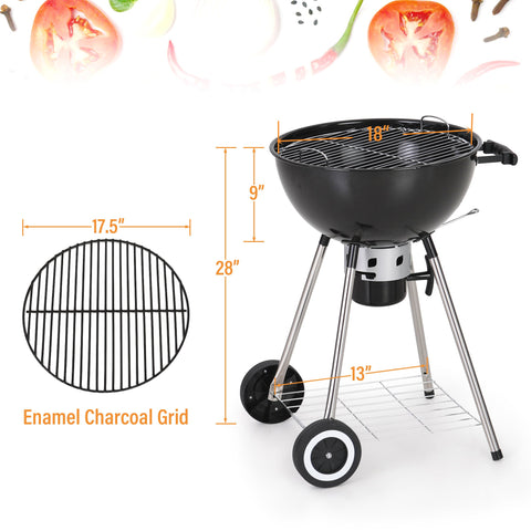 18" Porcelain-coated Kettle Charcoal Patio Grill