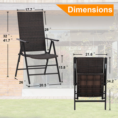 Pre-assembled Adjustable Rattan Foldable Reclining Chairs with High Backrest, Set of 2