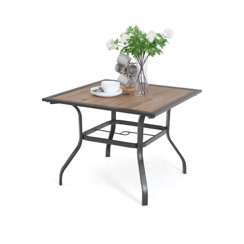 Wood-Look Brown Frame Patio Dining Table with Umbrella Hole